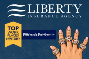 Liberty Insurance Agency graphic celebrating five consecutive Pittsburgh Post-Gazette Top Workplaces awards from 2022–2026, featuring a hand wearing five championship-style rings.